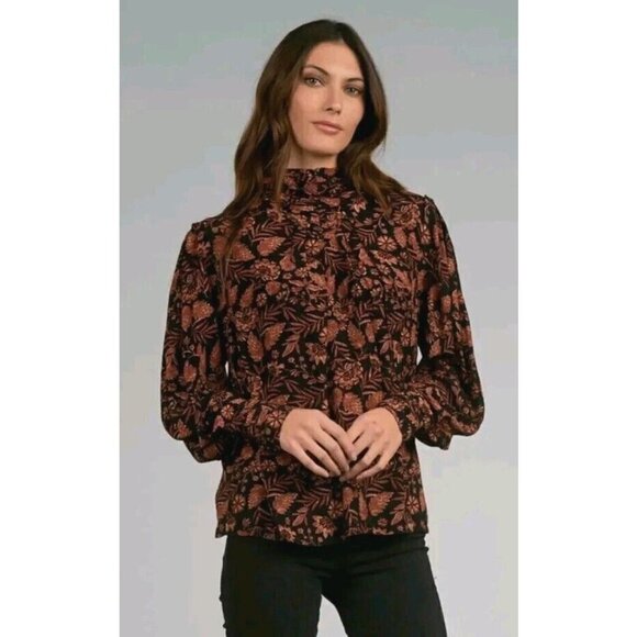 Elan Womens Black Orange Floral Print Blouse Size Medium - Picture 1 of 8
